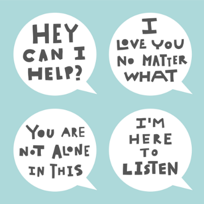 Light green background with 4 speech bubbles that say, "Hey can I help?", "I love you no matter what", "You are not alone in this" and "I'm here to listen"