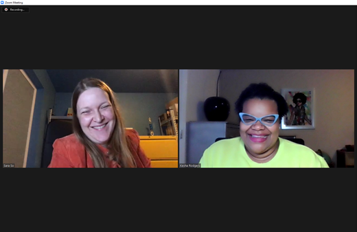 Picture of Sara So and Kesha Rodgers laughing in separate areas of a Zoom meeting