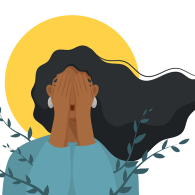 A vector image of a black woman in a blue top and flowing hair covering her face with her hands, standing in front of a yellow sun and with green branches around her